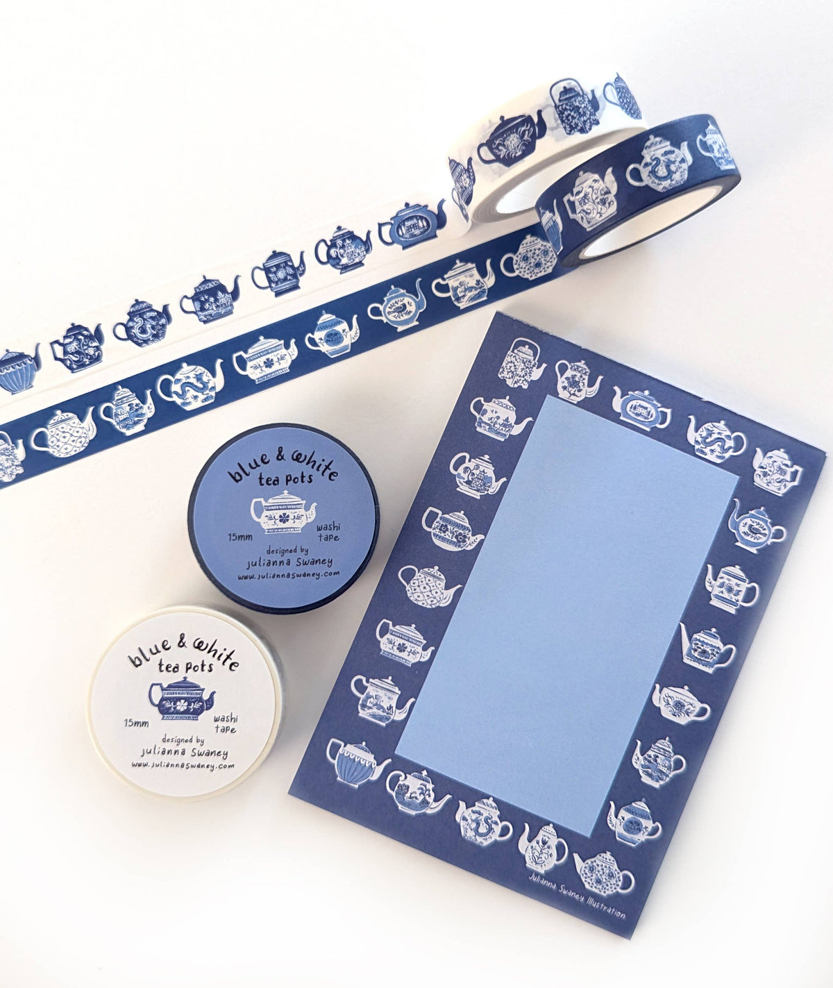 Favorite Story Julianna Swaney Blue & White Teapots 15mm Washi Tape White Background