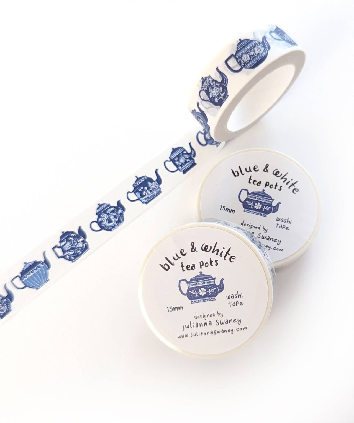 Favorite Story Julianna Swaney Blue & White Teapots 15mm Washi Tape White Background