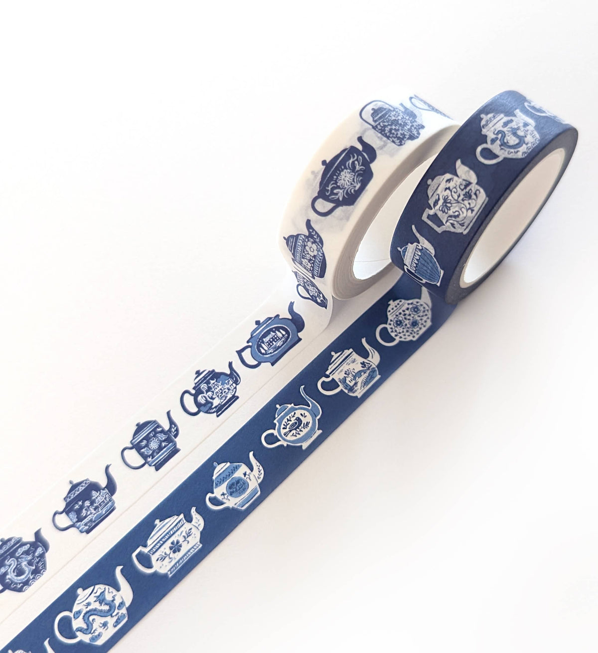 Favorite Story Julianna Swaney Blue & White Teapots 15mm Washi Tape White Background