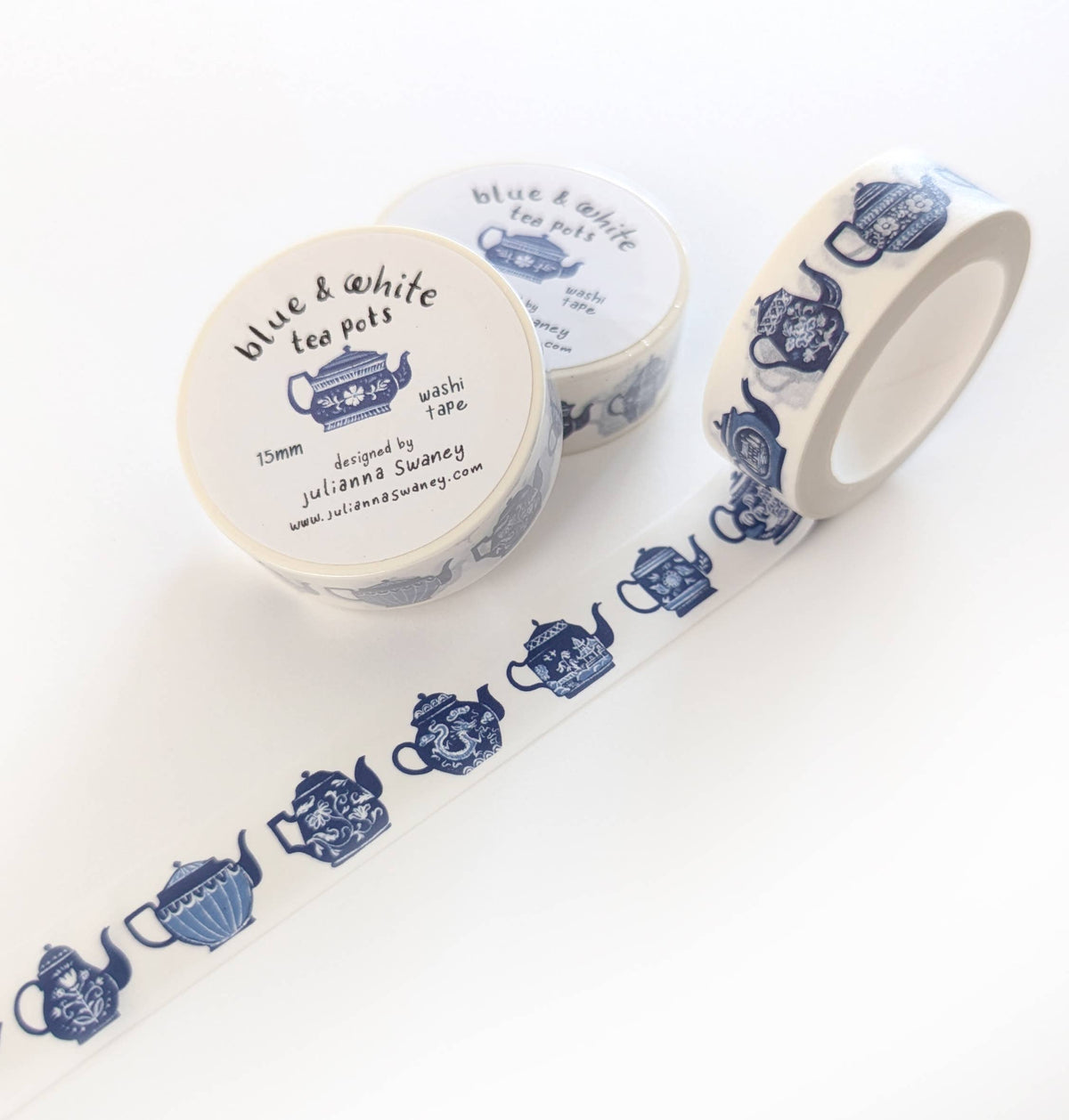 Favorite Story Julianna Swaney Blue & White Teapots 15mm Washi Tape White Background