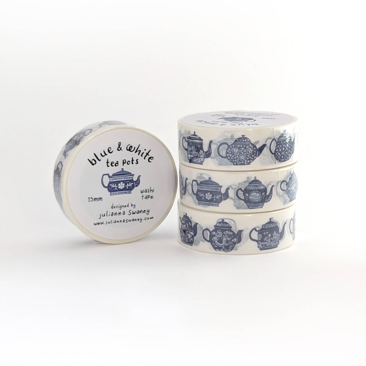 Favorite Story Julianna Swaney Blue & White Teapots 15mm Washi Tape White Background