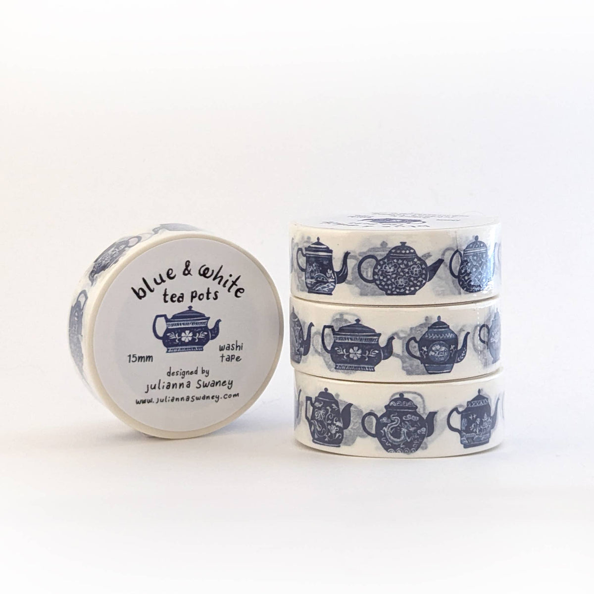 Favorite Story Julianna Swaney Blue & White Teapots 15mm Washi Tape White Background