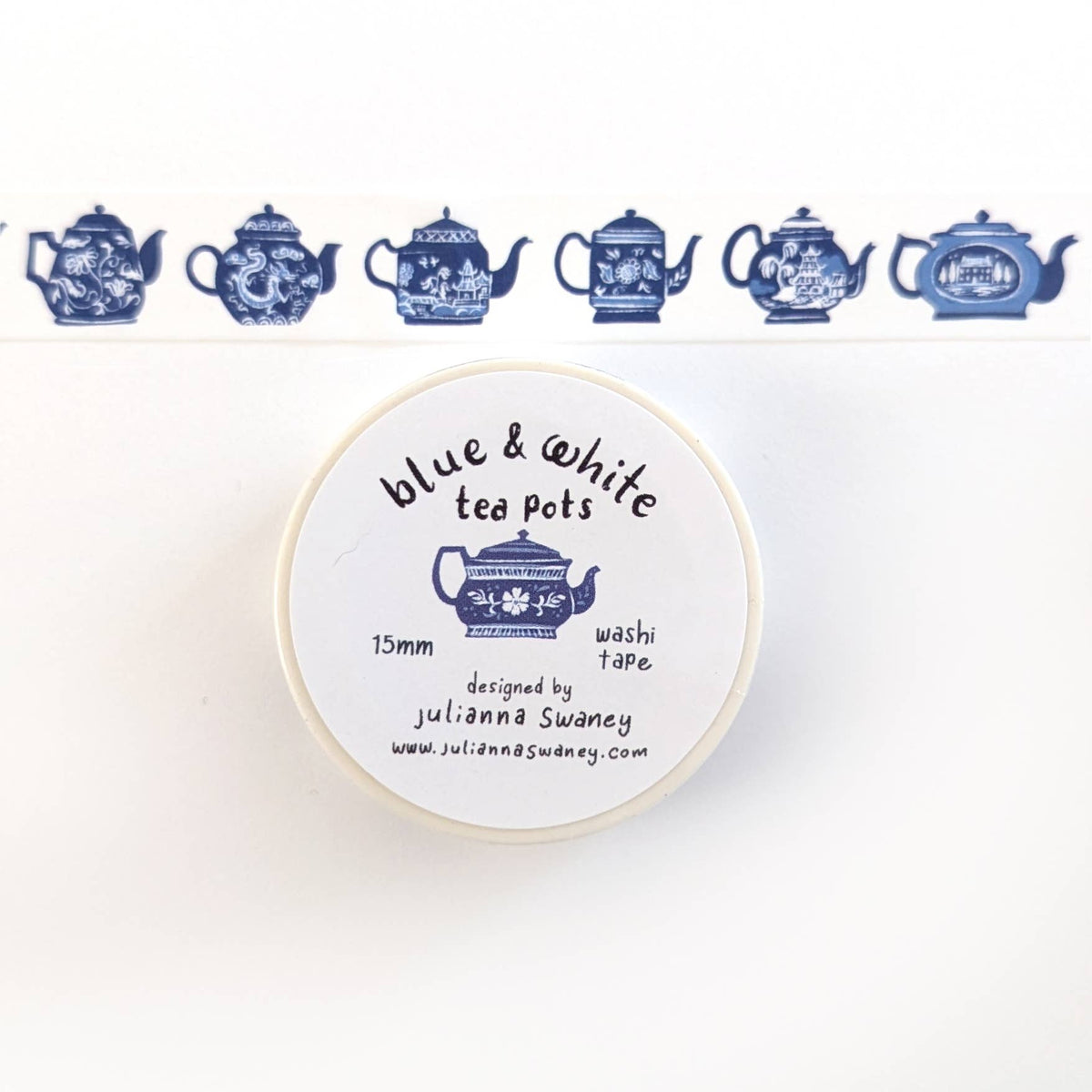 Favorite Story Julianna Swaney Blue & White Teapots 15mm Washi Tape White Background