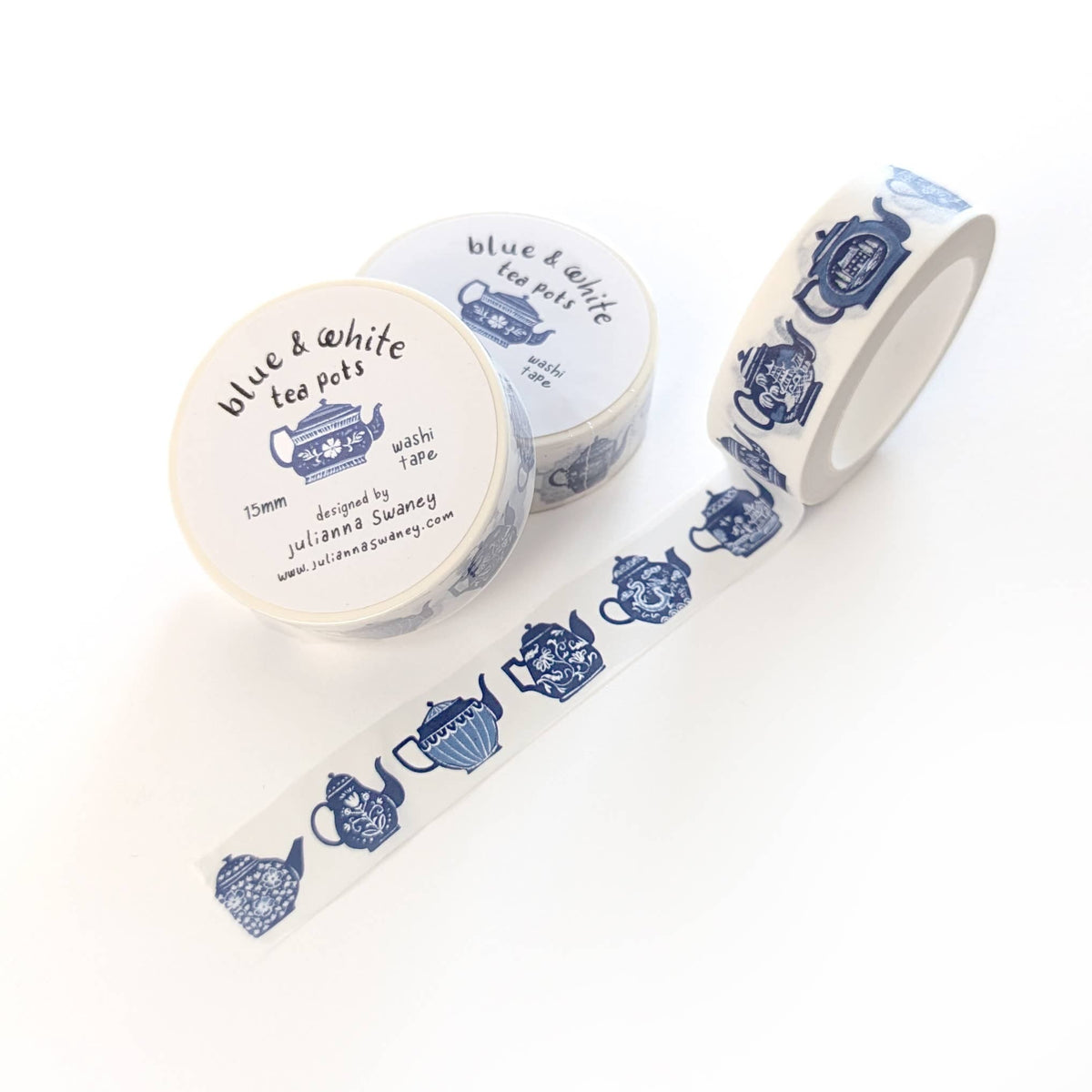 Favorite Story Julianna Swaney Blue & White Teapots 15mm Washi Tape White Background